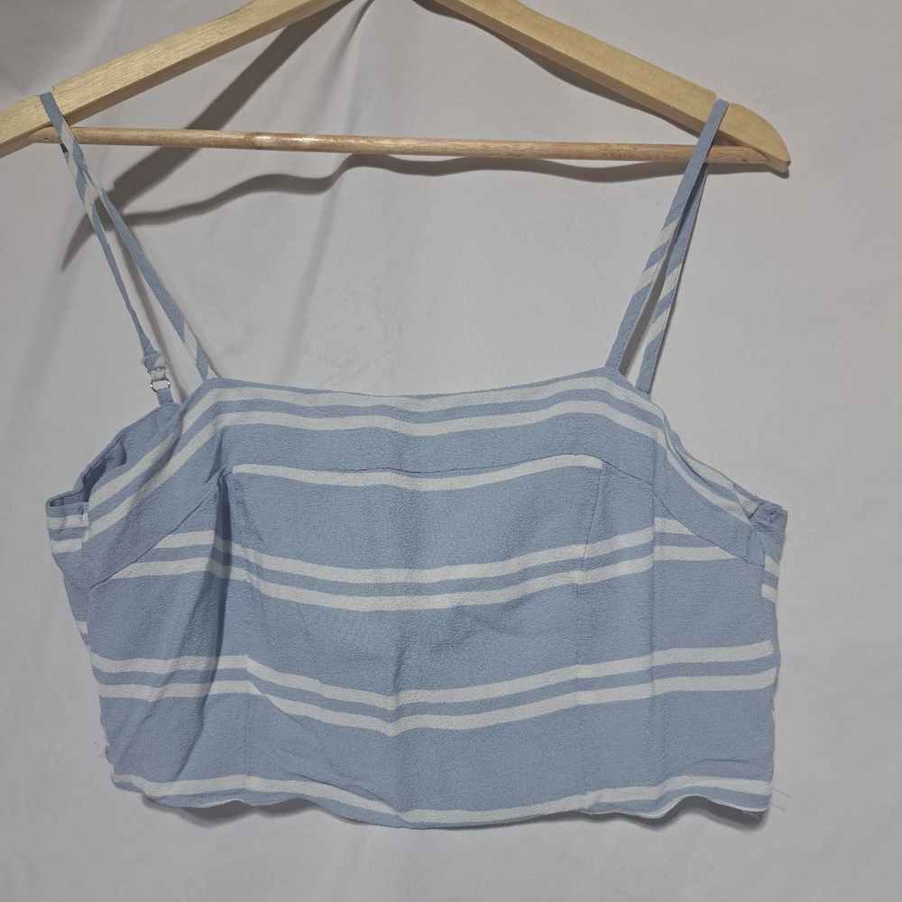 Lulus Coastal Living Womens LG Lt Blue White Stripe Crop Tank Tie Back